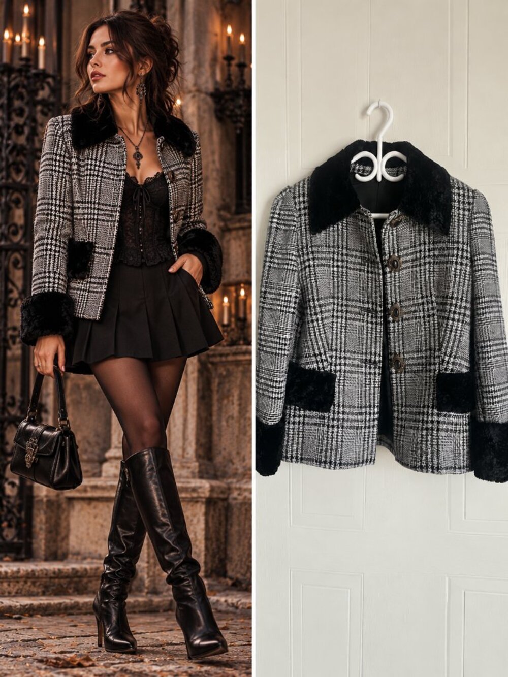 Vintage Black White Plaid Tweed Blazer Faux Fur Tailored Dark Academia S/M